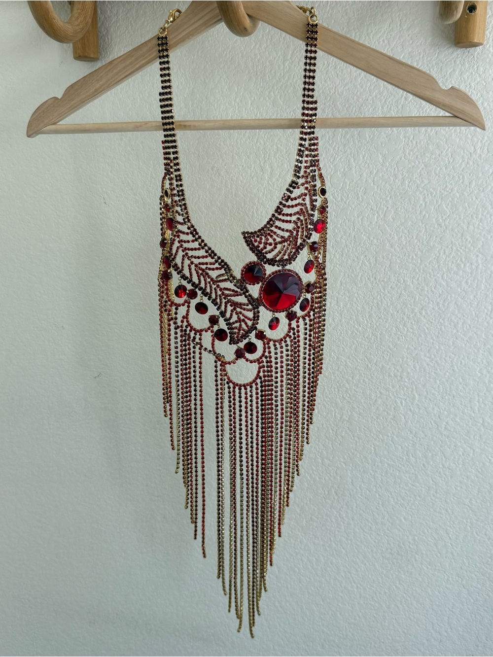 Rare Y2K burlesque glam ruby red gold rhinestone cascading chain necklace